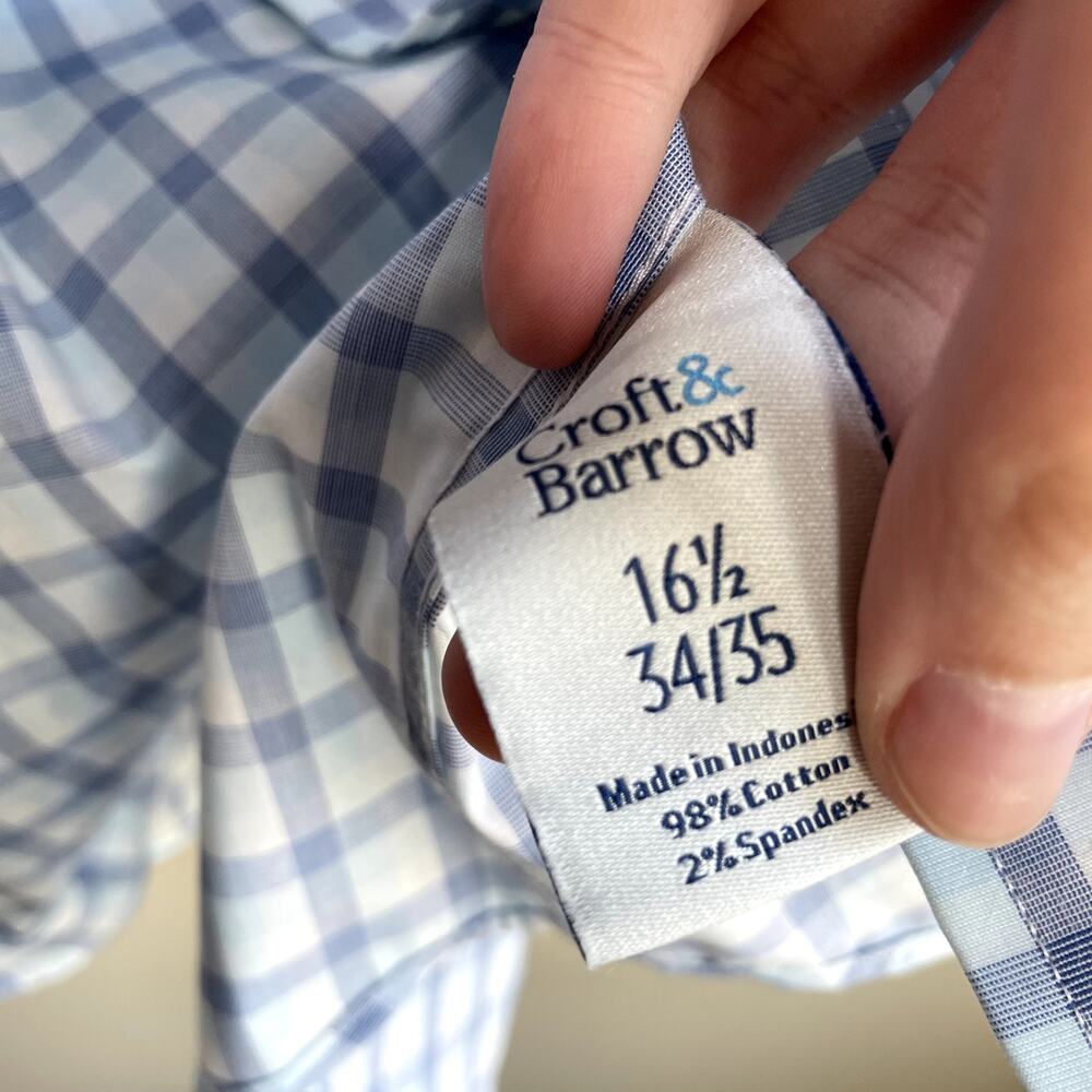 NWT Croft & Barrow blue white checkered button down shirt men's size 16.5 34/35 - Picture 6 of 8